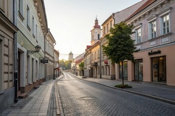 Obraz premium Serene cobblestone street at sunrise, lined with historic buildings, showcasing the quiet beauty of early morning light