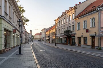 Fototapeta premium A tranquil cobblestone street at sunrise, lined with elegant European-style buildings, showing quiet storefronts and a peaceful early morning atmosphere.