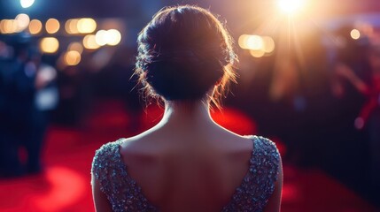 paparazzi capture a glamorous actress on the red carpet, back turned, adorned with a stunning dress, embodying the allure and excitement of award ceremonies in a vibrant setting