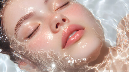 Fototapeta premium Young woman with closed eyes enjoying a serene moment in a clear water pool during a sunny afternoon