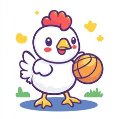 Obraz premium White chicken with red comb holds basketball, on white background with yellow shapes & green plants