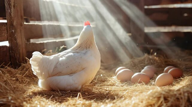 Healthy hen chicken near freshly laid eggs in hay in a rustic barn under warm sunlight with copy space
