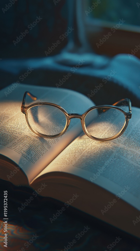Poster close-up of an open book with glasses resting on the pages during a cozy reading session