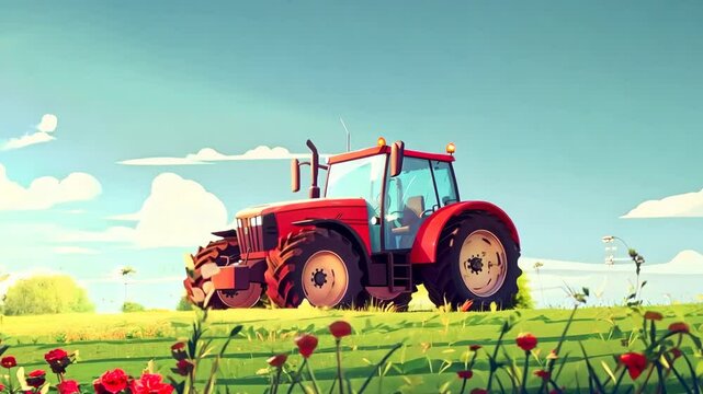 Red tractor working in the field. Agricultural business development concept