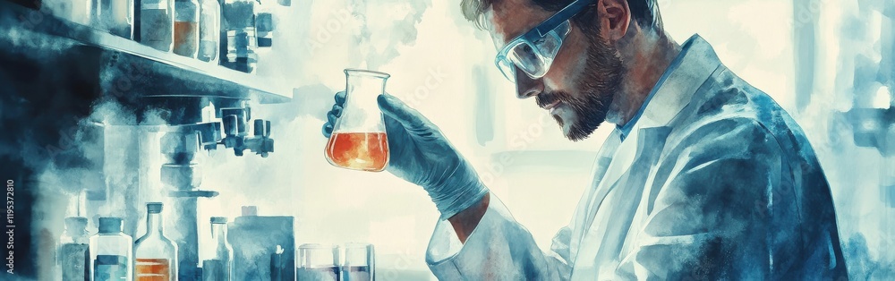 Aufkleber scientist conducting experiments in a laboratory with a watercolor background featuring vibrant colo
