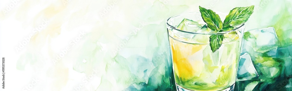 Poster refreshing close-up of a cocktail with mint and ice on a colorful watercolor background