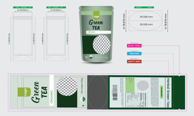 Green tea pouch design template, pouch packaging mockup, food and product branding design