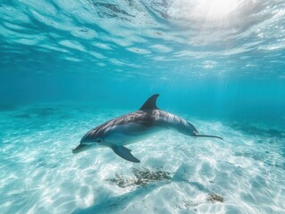 Fototapeta premium playful bottlenose dolphin swimming in crystal clear turquoise waters with graceful movement and natural light effects