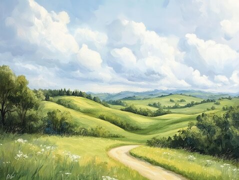 painting of rolling green hills and fluffy white clouds creates a serene and picturesque landscape. the soothing colors evoke a sense of calm and appreciation for nature's beauty