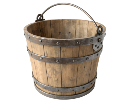 Rustic wooden bucket with metal details, antique decor