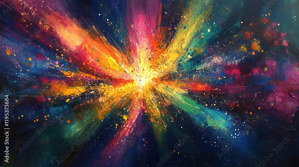 Poster radiant beams of vibrant colors burst from a central point, illuminating a dark canvas with abstract