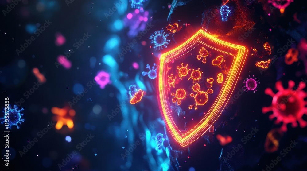 Poster shield protecting against harmful microbes in a digital visualization of safety measures. generative
