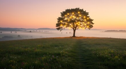 Naklejka premium Serene landscape of a solitary tree on a green hill with warm sunset light, concept for nature photography, environmental conservation and peaceful scenery