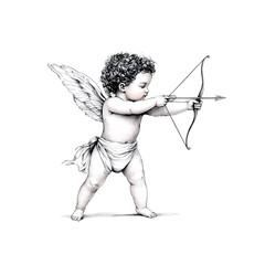 Fototapeta premium Vintage illustration of a cupid with bow shooting isolated on white background 