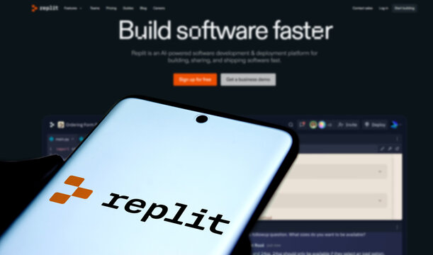 Dhaka, Bangladesh- 14 Jan 2025: replit logo is displayed on smartphone. Replit is an American start-up and an online integrated development environment.