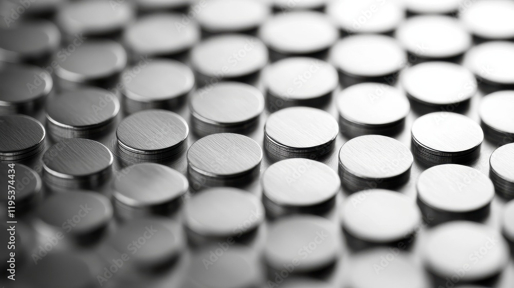 Poster rows of shiny circular metallic objects reflecting light with pale silver and bright white bokeh in 