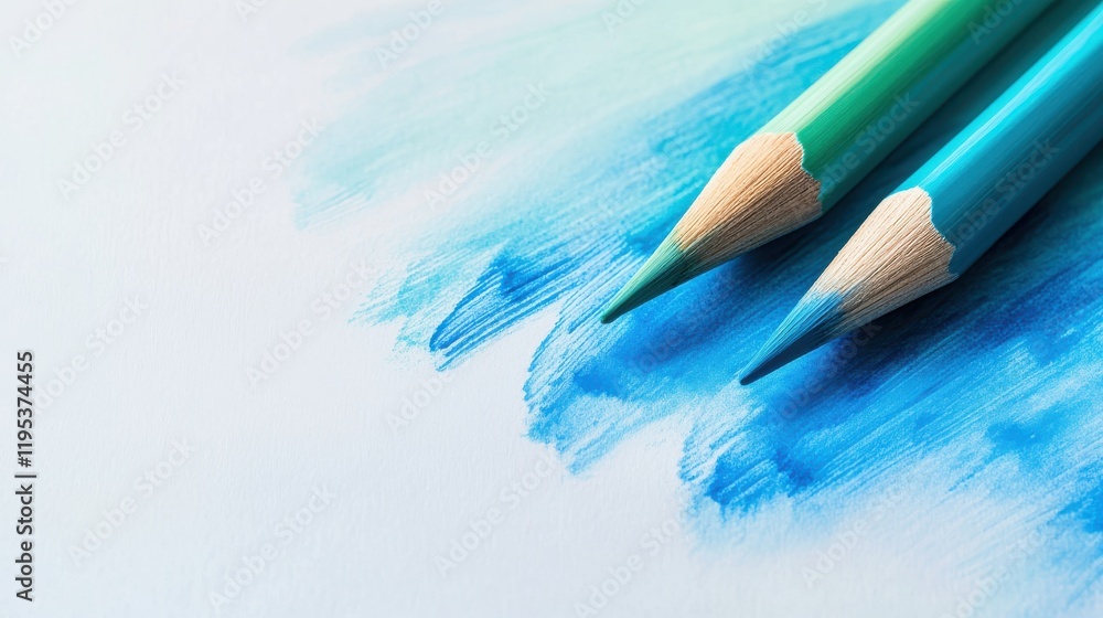 Poster Artistic arrangement of colored pencils on a painted blue background creating a visually striking contrast