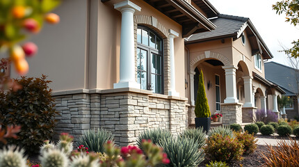 Fototapeta premium Luxury Home Exterior: Modern Architectural Design with Stone Facade and Landscaped Garden