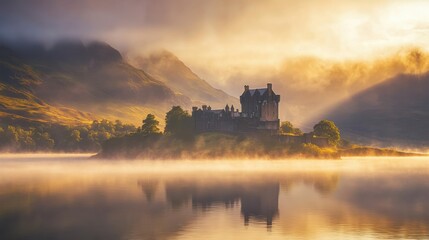 Historic castle shrouded in fog on a tranquil lake at dawn with surrounding mountains