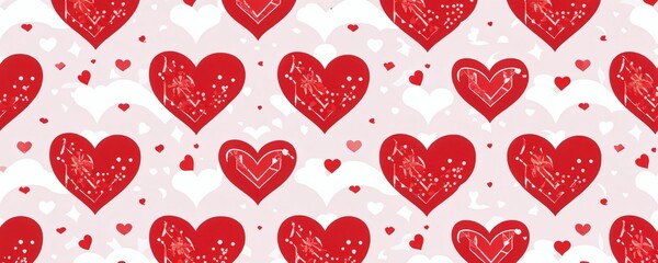 Red heart patterns with white accents create a lively and romantic design for celebration and decoration. Valentine’s Day, date, engagement, love, wedding, background