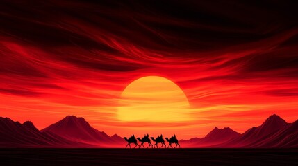 Silhouetted camels traverse a desert landscape under a fiery sunset. The vibrant red and orange hues paint a dramatic scene.