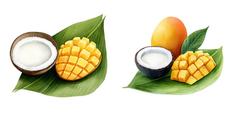 Soft Watercolor  of Mango and Sticky Rice