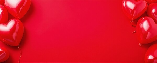 Vibrant red heart-shaped balloons complement a bold red background for a festive celebration. Valentine&rsquo;s Day, date, engagement, love, wedding, background