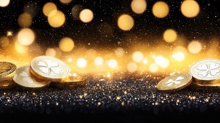 Glimmering gold coins sparkle in a festive atmosphere celebration event close-up view luxury concept