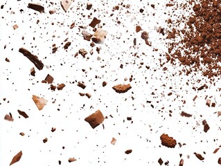 realistic flying soil particles and rich brown earth scattered in dynamic motion against pure white background, perfect for agriculture design