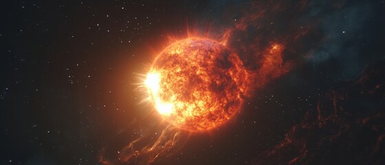 Obraz premium Bright star emitting powerful solar flares in a cosmic scene filled with distant stars and a dark background