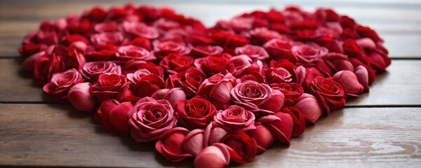 Heart shape made of red roses on wooden surface for romantic occasion. Valentine’s Day, date, engagement, love, wedding, background