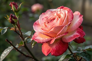 A single, dew-kissed rose blossom with vibrant, dual-toned petals; a breathtaking display of nature's artistry