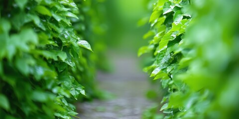 Fototapeta premium Exploring a lush green pathway surrounded by vibrant foliage in nature's tranquil environment