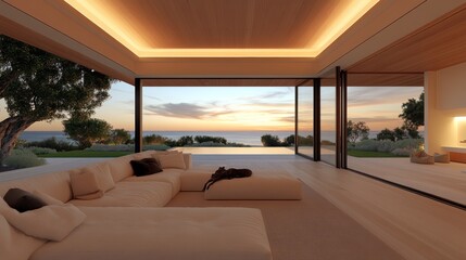 Fototapeta premium Relaxing sunset view from a minimalist living room. Beige couches and warm lighting create a serene atmosphere.