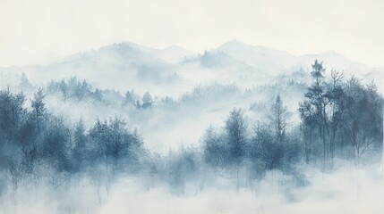 Fototapeta premium Pale blue mist envelops serene mountain landscape with delicate pencil strokes