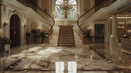 Obraz premium An elegant entryway with a grand staircase marble floors and a chandelier Sophisticated and welcoming decor