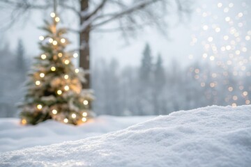Fototapeta premium Winter Wonderland A Snowy Christmas Eve Scene with a Decorated Fir Tree and Sparkling Lights