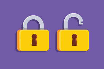 Lock flat icon. Padlock unlocked and locked. Lock closed and lock open. Symbol protection and secure. Vector illustration.