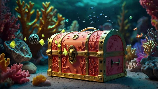 The treasure chest is at the bottom of the sea. Seamless 4K looping timelapse video animation background