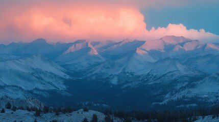 Fototapeta premium Sunset illuminates snowy mountain range.