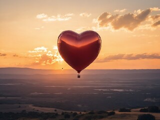 Fototapeta premium Hot air balloon in the shape of a heart soaring above a picturesque landscape at sunset. Valentine’s Day, date, engagement, love, wedding, background