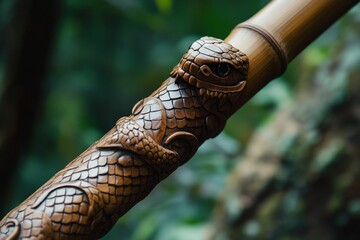 Carved reptile on a bamboo rod, nature background.