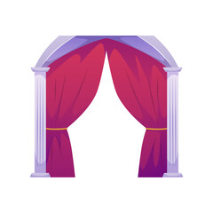 Red canopy or curtain, marble arch with columns. © sabelskaya