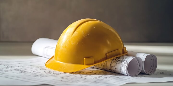 Hard hat yellow construction helmet placed on a rolled-up blueprint 