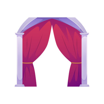 Red canopy or curtain, marble arch with columns.