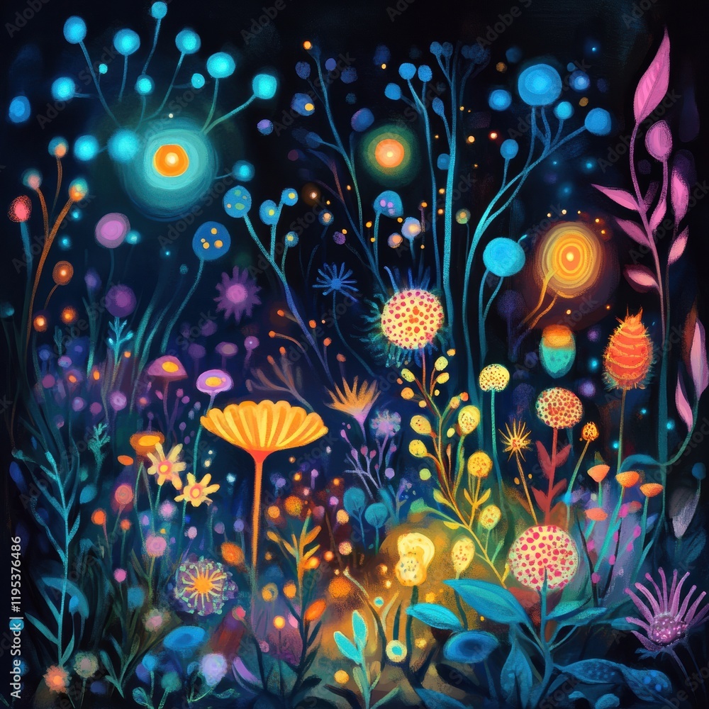 Poster vibrant microscopic ecosystem showcasing friendly microbes and luminous plants in a magical setting.
