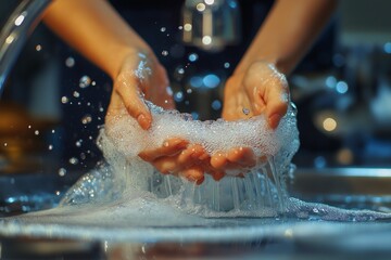 Fototapeta premium Close up of female hands diligently washing dishes in warm soapy water