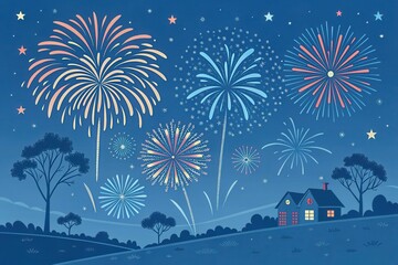 Nocturnal Celebration Fireworks Display Over a Serene Suburban Home