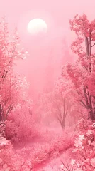 Fototapeten Serene Pink Landscape with Misty Trees and Soft Sunlight Glow © Benjarin