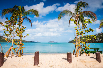 Nestled on the north coast of St. Thomas in the U.S. Virgin Islands, Magens Bay beach captivates with its powdery white sands, crystal-clear turquoise waters, and lush tropical foliage. © Sandra Foyt